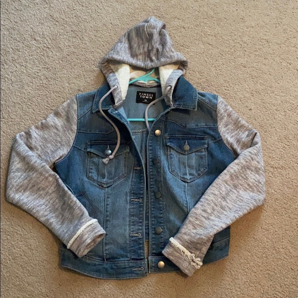 Denim jacket w/ sweatshirt sleeves and hoodie